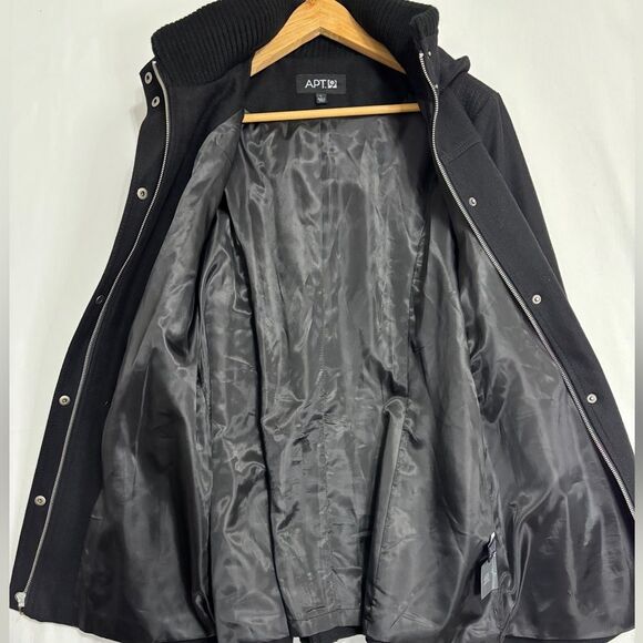 Apt 9 Wool Coat Womens L Hooded Black Belted Zipper/Snap Utility Pea Coat Chic - Picture 3 of 11